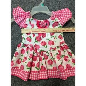 Adorable Handmade Floral Print Dress Pink Gingham Flutter Sleeves‎ 2T/3T